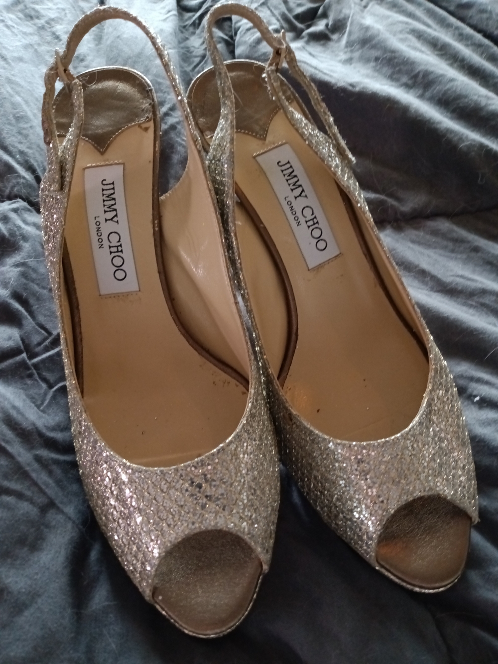 Jimmy Choo Women's Silver Glitter Peep-Toe Slingback Heels